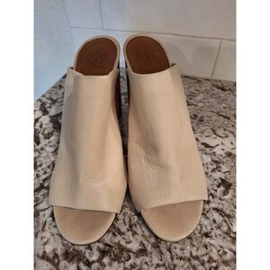 Tory Burch Raya Cream LEATHER Open Toe Slip On‎ Wood Block Heels Mule Size 10M